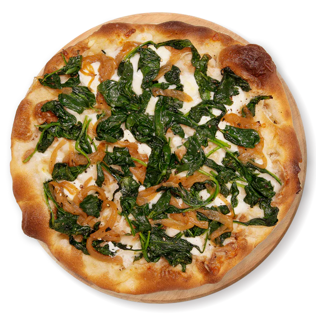 Porta Pizza - Checco: Fresh mozzarella, spinach, goat cheese, caramelized onions and lemon zest